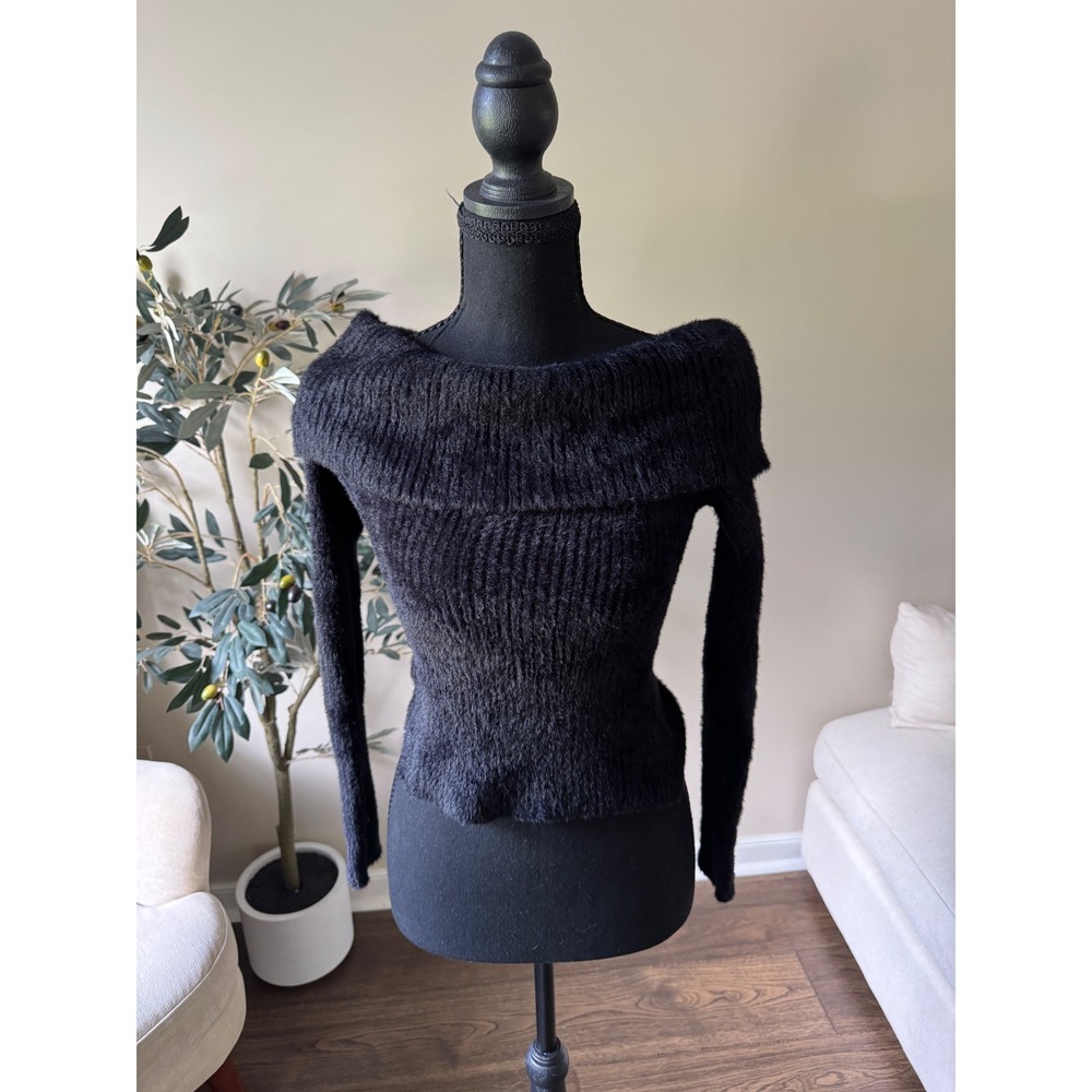 Pink Rose Black Fuzzy Eyelash Knit Off The Shoulder Ribbed Sweater Small